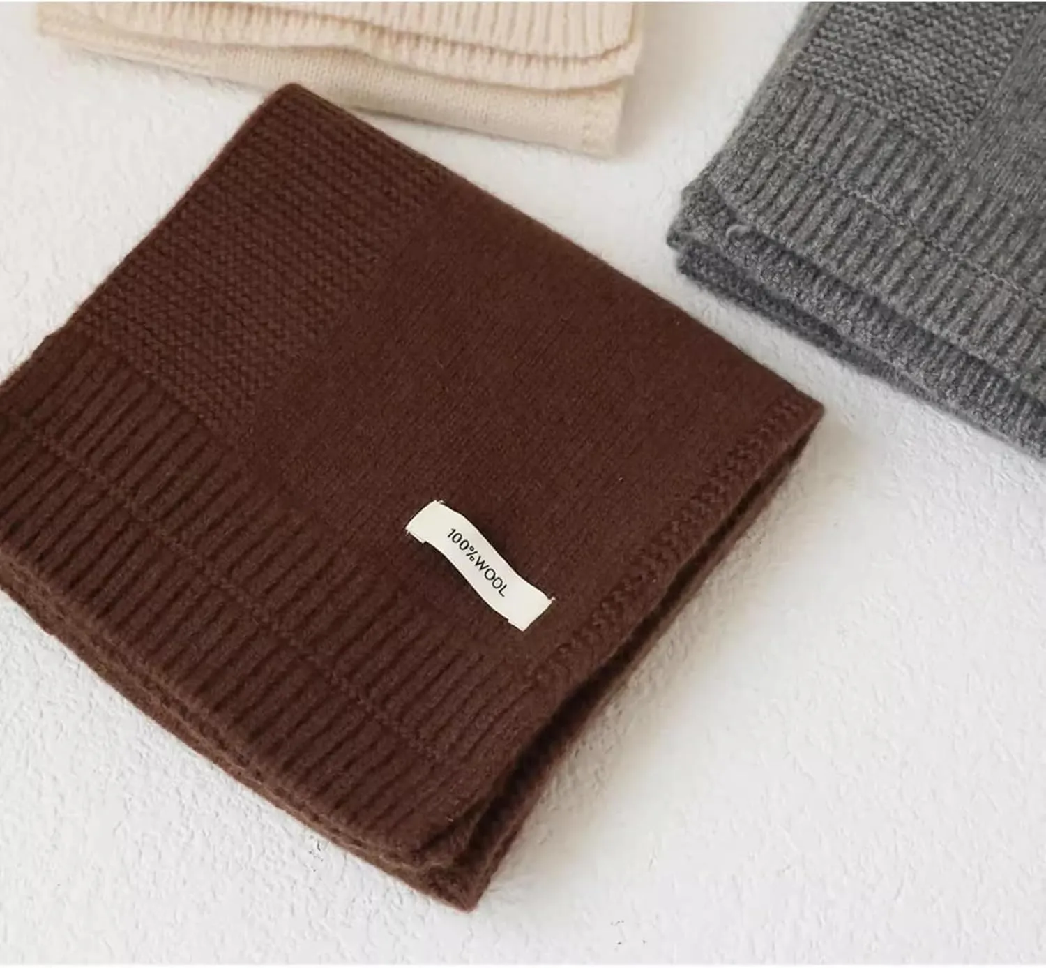 100% Wool Knitted Scarf for Women Autumn Winter Classic Warm Neck Scarf Cashmere Feel Solid Color Scarves