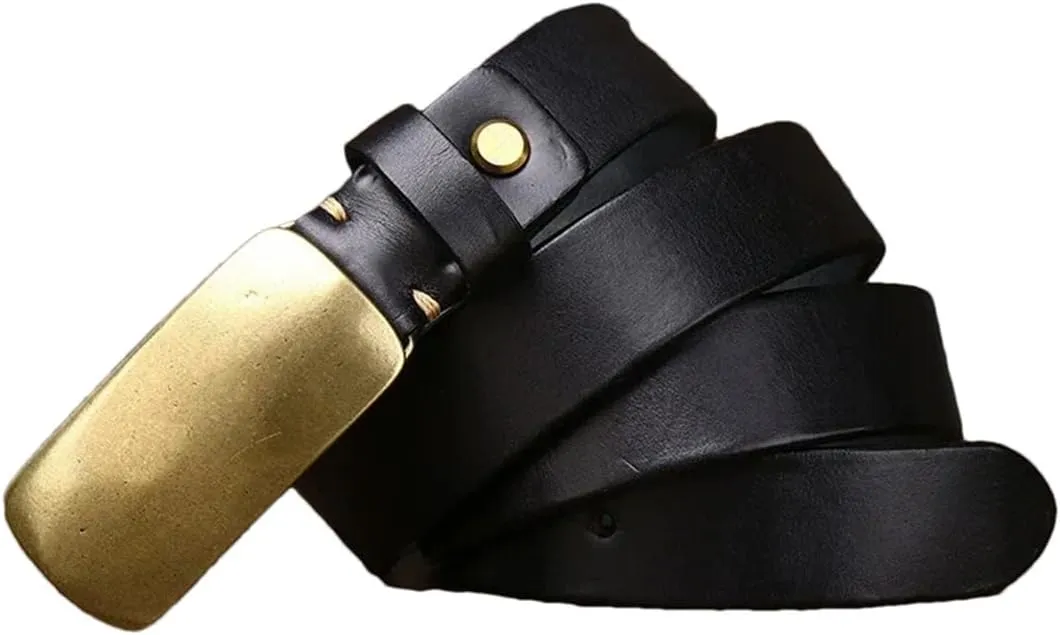 3.3Cm Cowskin Men Belt Genuine Leather Smooth Brass Buckle Strap Jeans Luxury Design Belts For Man