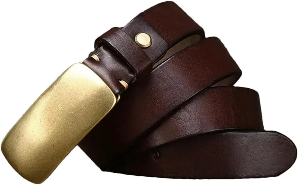 3.3Cm Cowskin Men Belt Genuine Leather Smooth Brass Buckle Strap Jeans Luxury Design Belts For Man