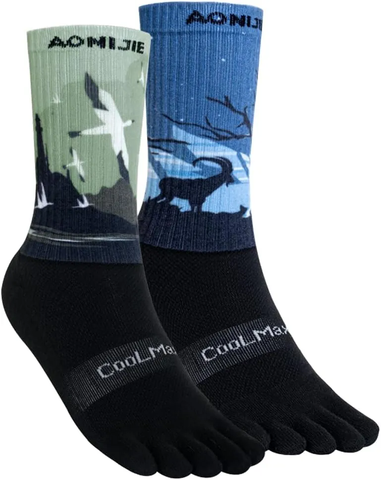 AONIJIE Hiking Toe Socks with Thickened Terry Moisture Wicking Five Finger Running Mid-Calf Socks for Men Women