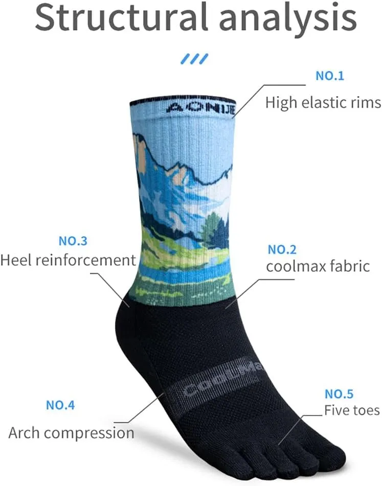 AONIJIE Hiking Toe Socks with Thickened Terry Moisture Wicking Five Finger Running Mid-Calf Socks for Men Women
