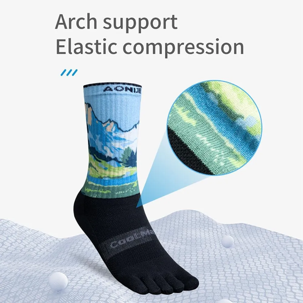AONIJIE Hiking Toe Socks with Thickened Terry Moisture Wicking Five Finger Running Mid-Calf Socks for Men Women
