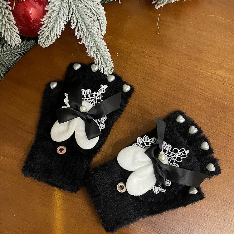 Black/White Cute Bunny Ear Bowknot Heart Beads Lace Details Plush Gloves