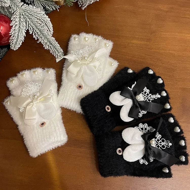 Black/White Cute Bunny Ear Bowknot Heart Beads Lace Details Plush Gloves