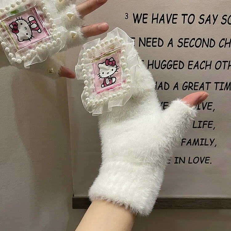 Black/White Cute Kitty Print Heart Beads Lace Details Plush Gloves