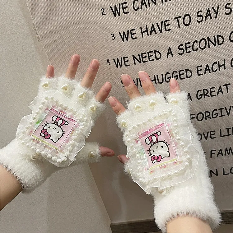 Black/White Cute Kitty Print Heart Beads Lace Details Plush Gloves