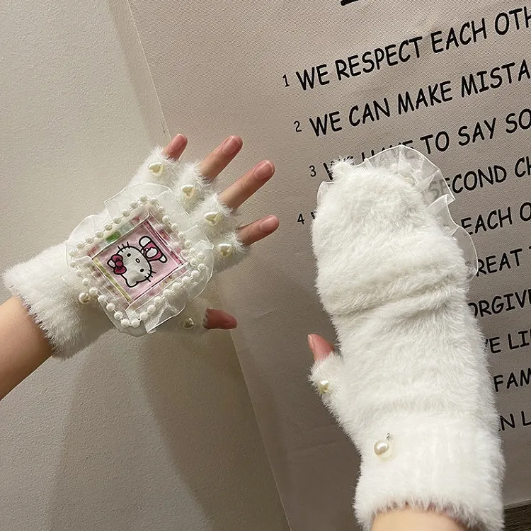 Black/White Cute Kitty Print Heart Beads Lace Details Plush Gloves