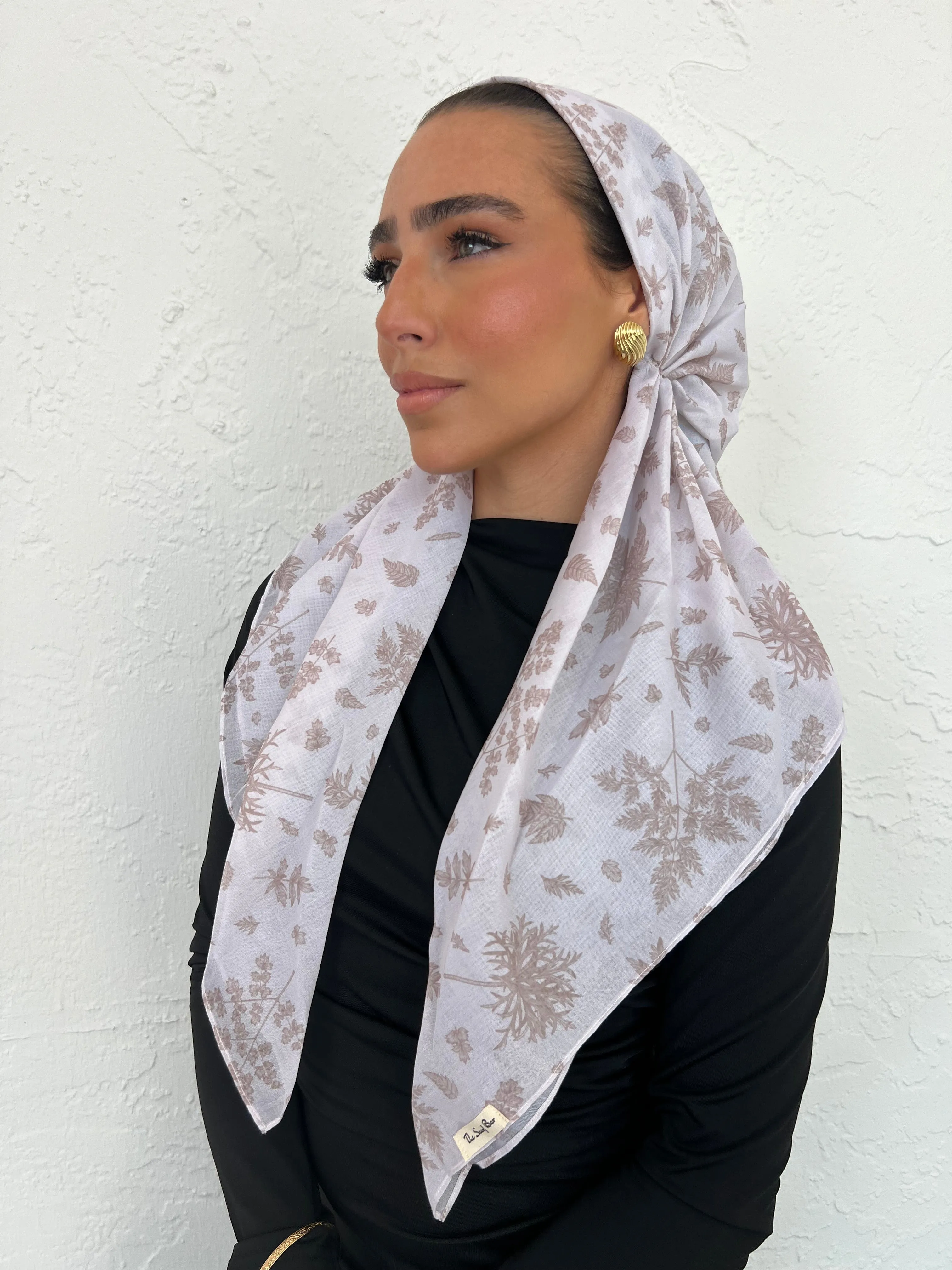 CLASSIC PRETIED Taupe Leaves Head Scarf (WITH VELVET GRIP)