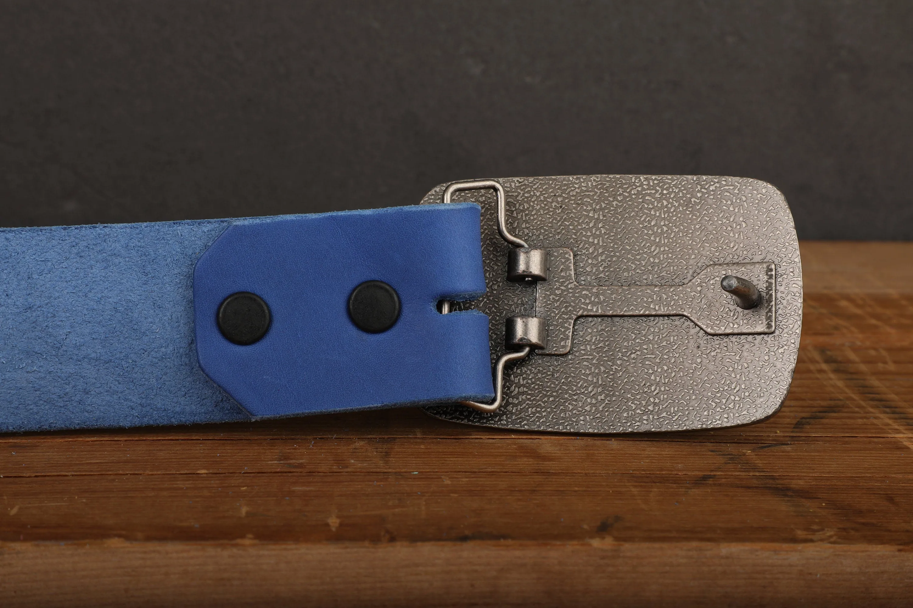 Electric Blue Leather Belt with Gold Tone Antique Brass Belt Buckle