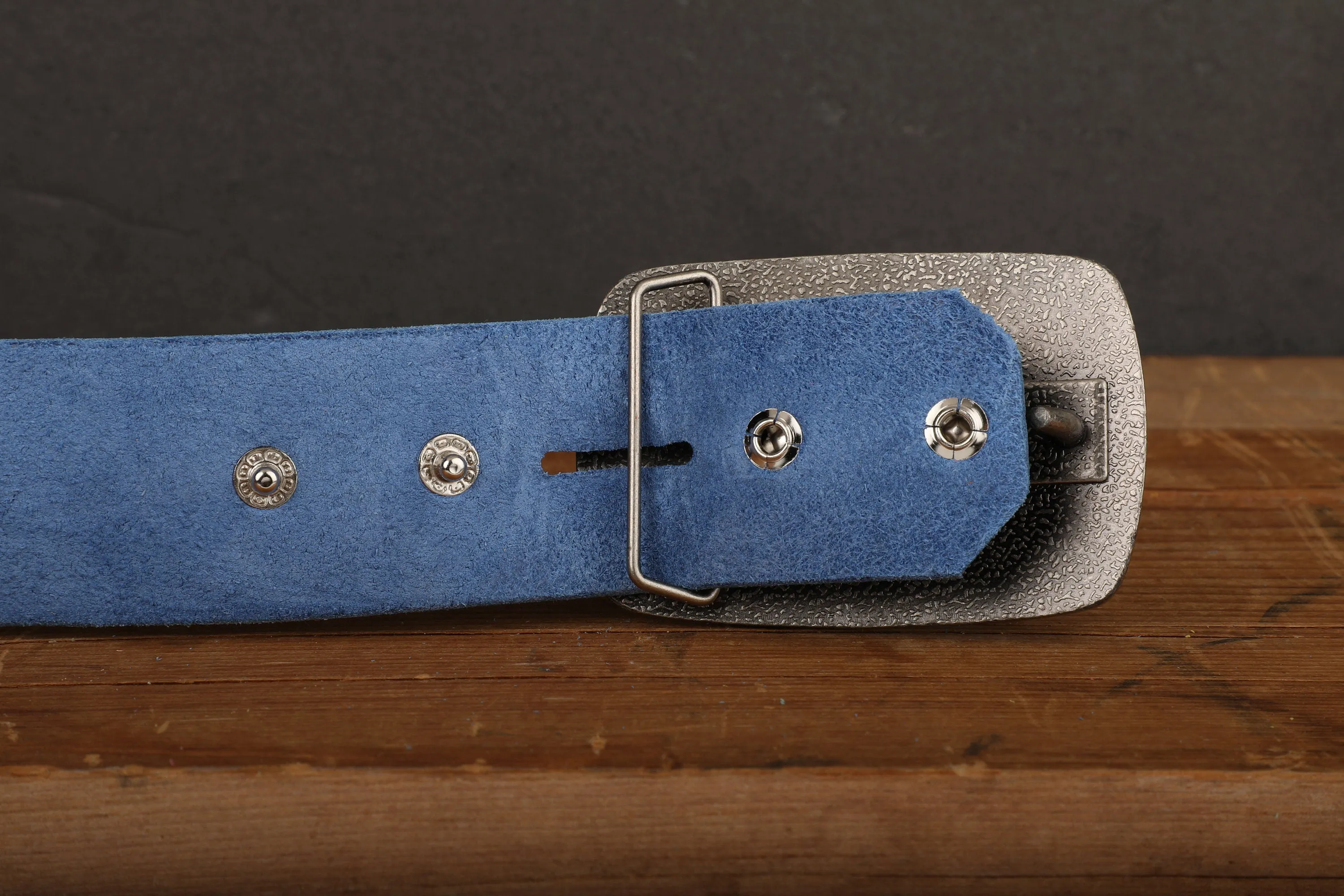 Electric Blue Leather Belt with Gold Tone Antique Brass Belt Buckle