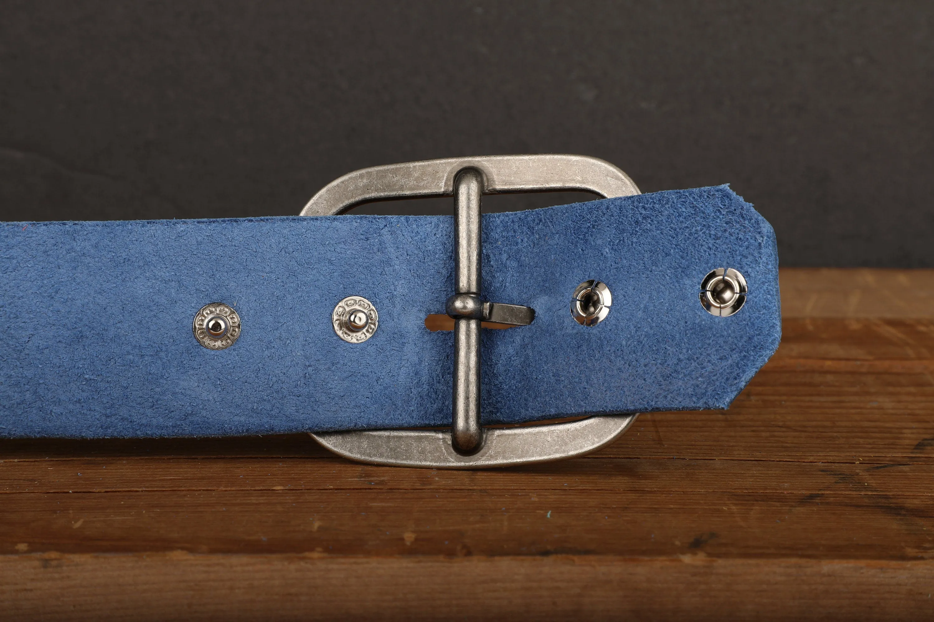 Electric Blue Leather Belt with Gold Tone Antique Brass Belt Buckle