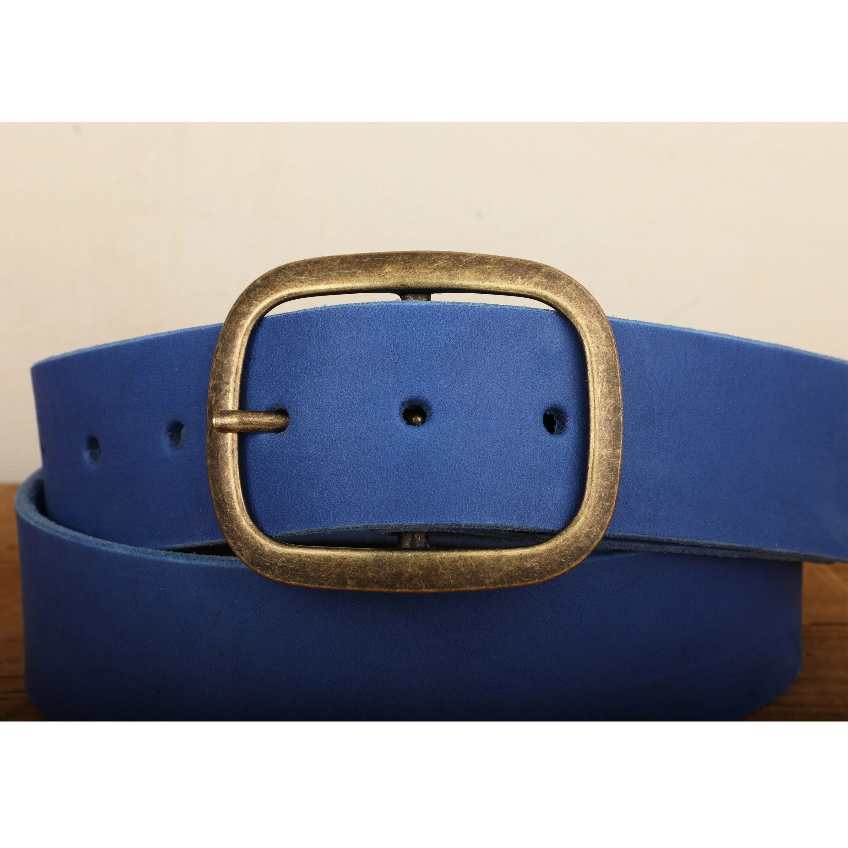 Electric Blue Leather Belt with Gold Tone Antique Brass Belt Buckle