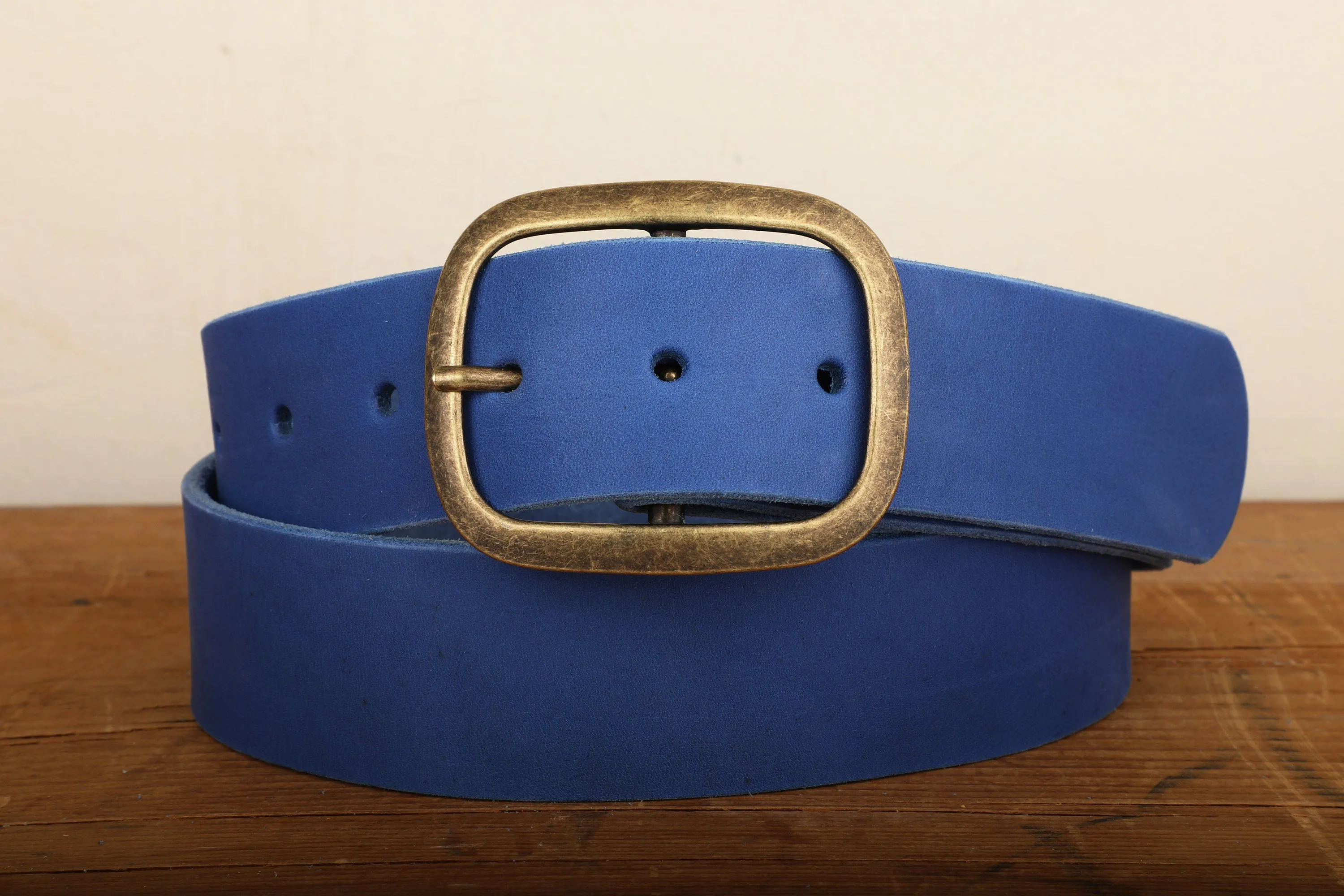 Electric Blue Leather Belt with Gold Tone Antique Brass Belt Buckle