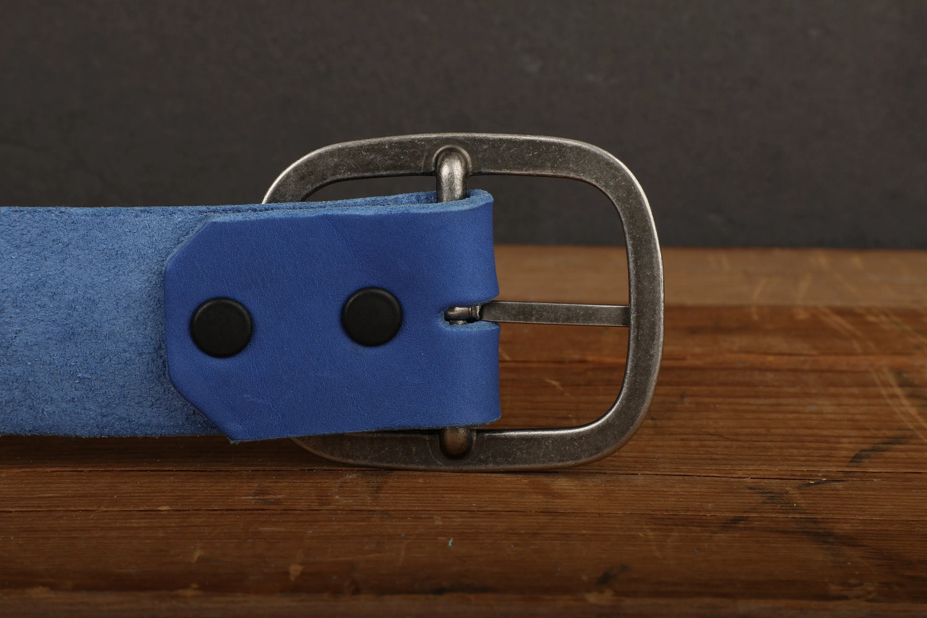 Electric Blue Leather Belt with Gold Tone Antique Brass Belt Buckle