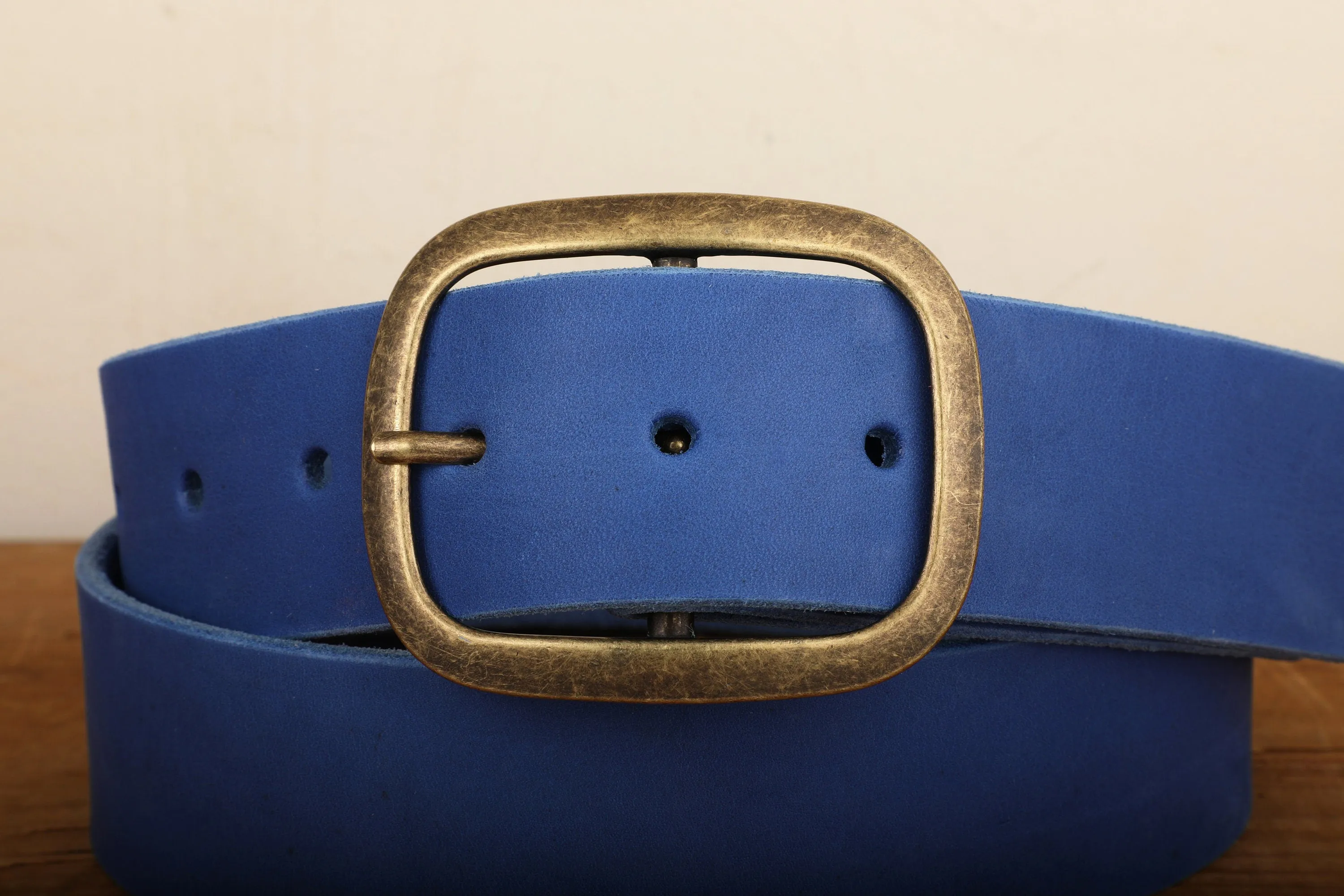 Electric Blue Leather Belt with Gold Tone Antique Brass Belt Buckle