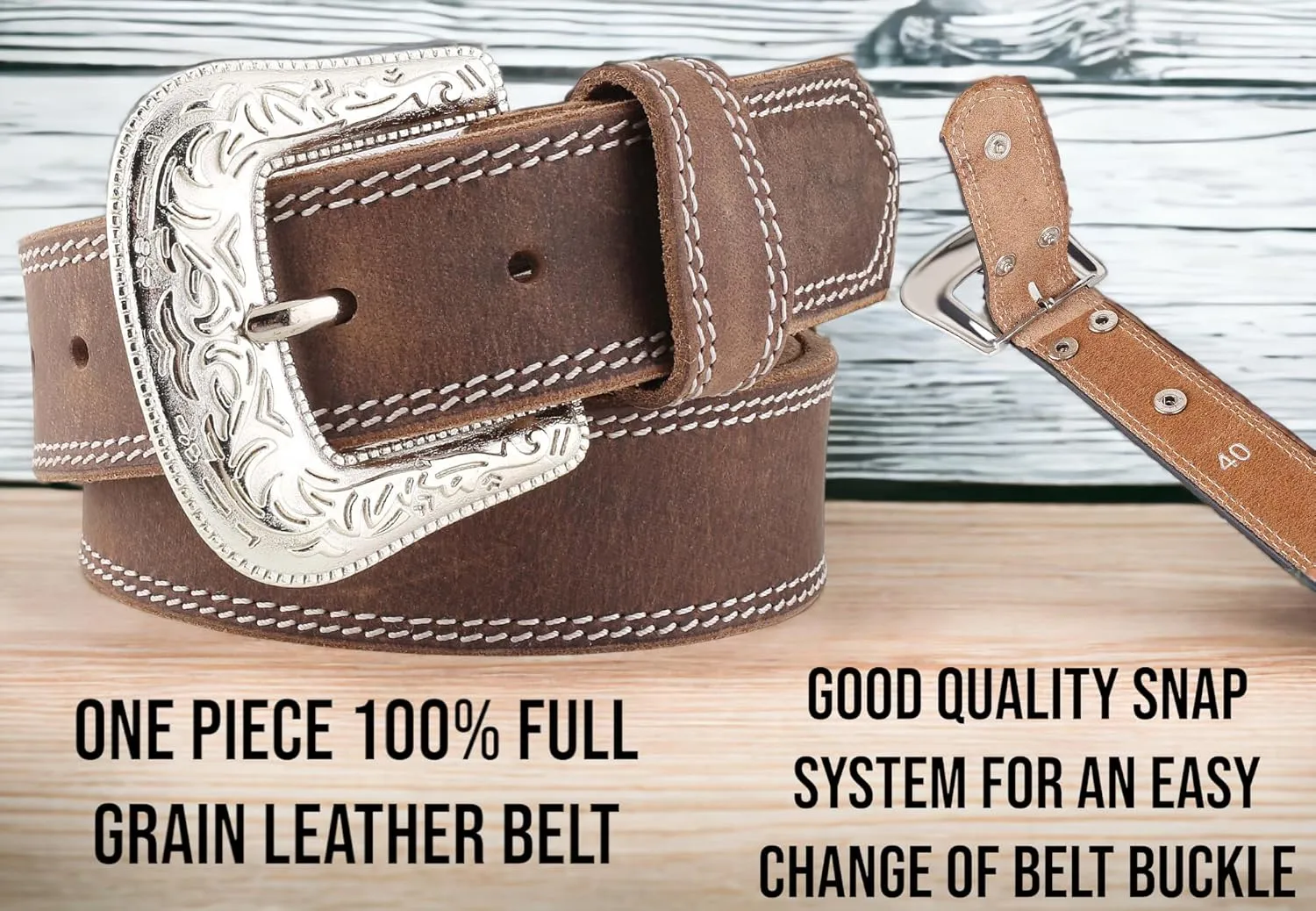 F&L CLASSIC mens Western full grain Leather belt Strap w/Snaps for Interchangeable Buckles, USA,