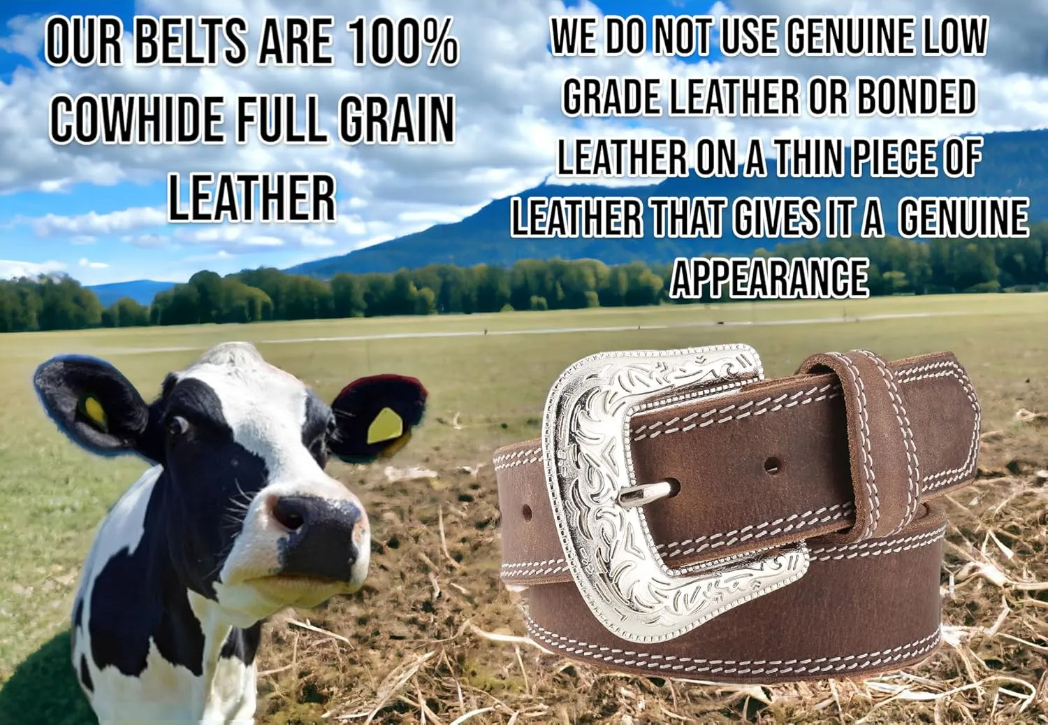 F&L CLASSIC mens Western full grain Leather belt Strap w/Snaps for Interchangeable Buckles, USA,