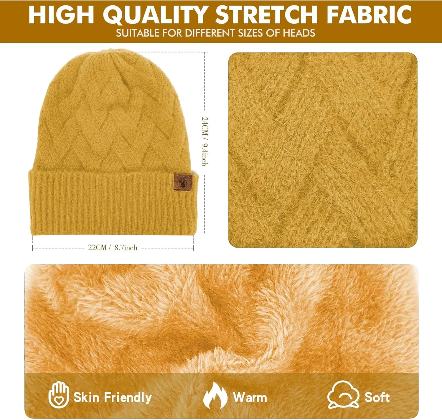 Honnesserry Winter Knit Hat Beanie Scarf for Women with Touch Screen Gloves Set Skull Caps Pompom Hat Neck Scarves for Men