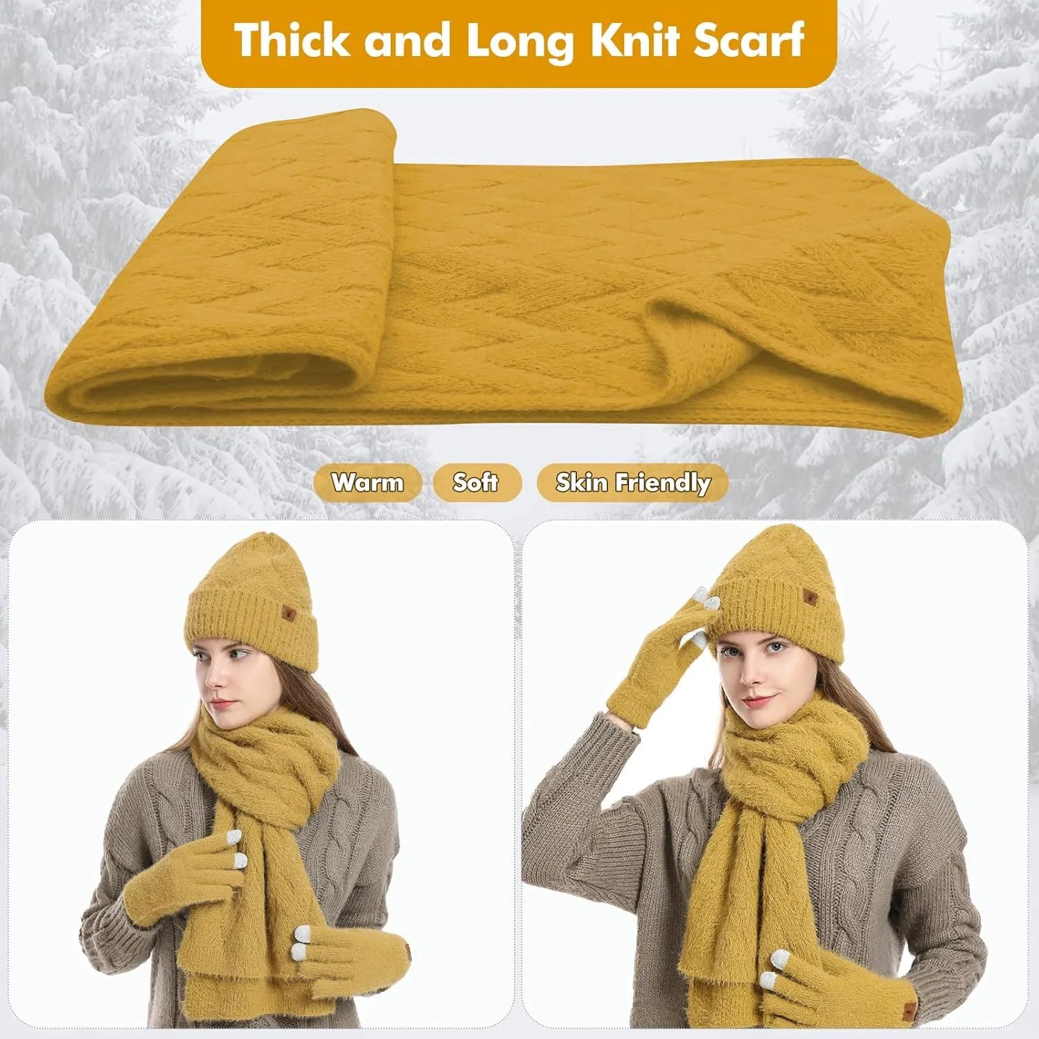 Honnesserry Winter Knit Hat Beanie Scarf for Women with Touch Screen Gloves Set Skull Caps Pompom Hat Neck Scarves for Men