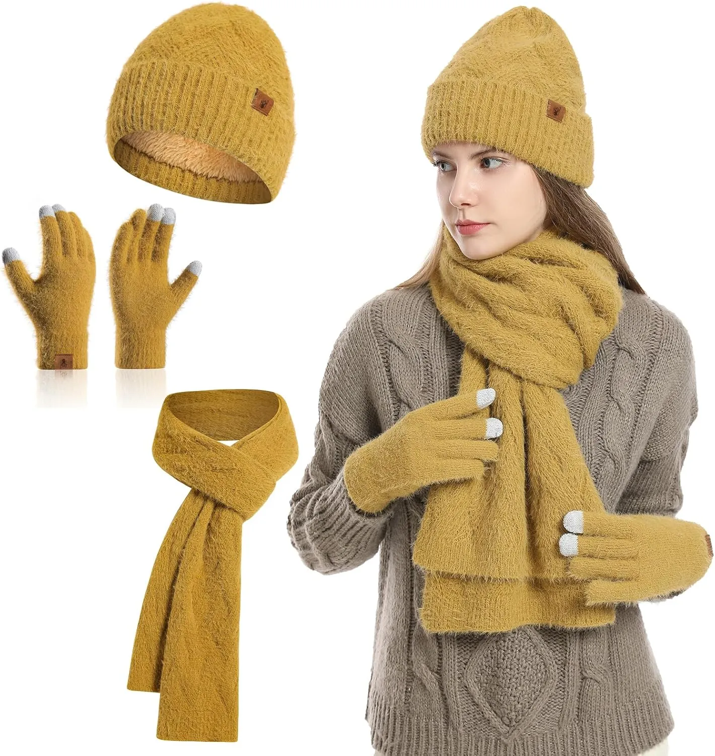 Honnesserry Winter Knit Hat Beanie Scarf for Women with Touch Screen Gloves Set Skull Caps Pompom Hat Neck Scarves for Men