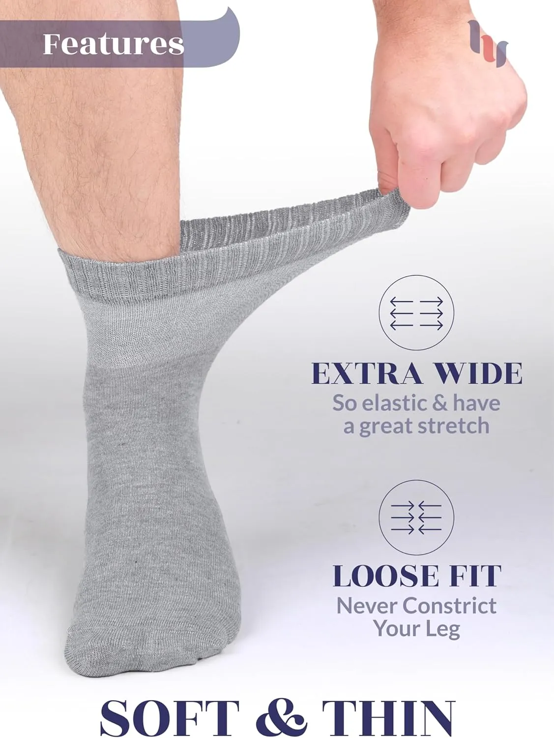 Hugh Ugoli Diabetic Socks for Men, Loose Ankle Socks, Bamboo, Extra-Wide, Thin, Seamless Toe, Non-Binding Top, 4 or 8 Pairs