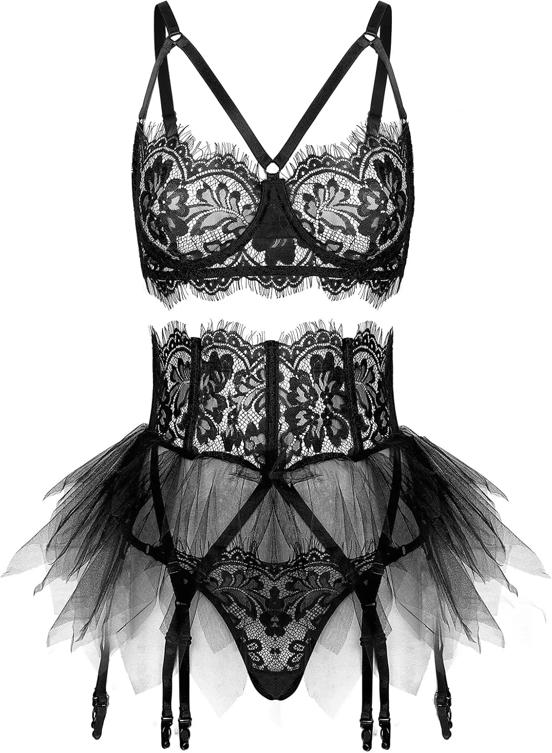 LINGERLOVE Women Sexy 3 Piece Lingerie Set with Garter Belts Lace Strappy Skirt Lingerie Eyelash Bra and Panty Sleepwear