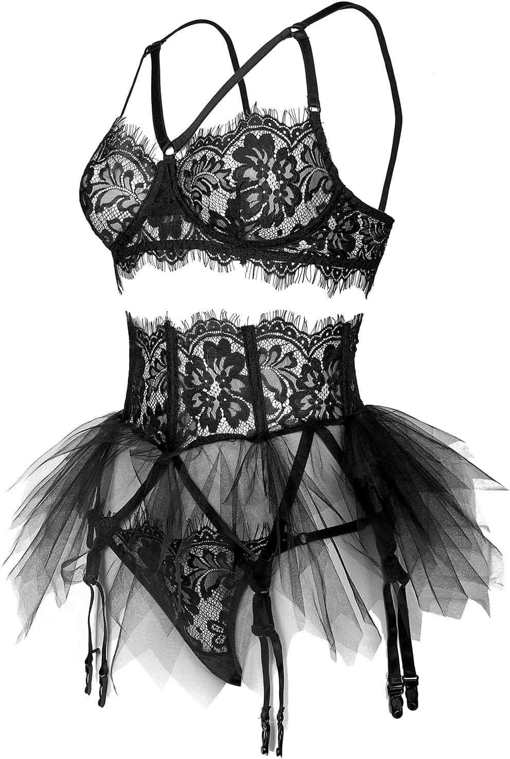 LINGERLOVE Women Sexy 3 Piece Lingerie Set with Garter Belts Lace Strappy Skirt Lingerie Eyelash Bra and Panty Sleepwear