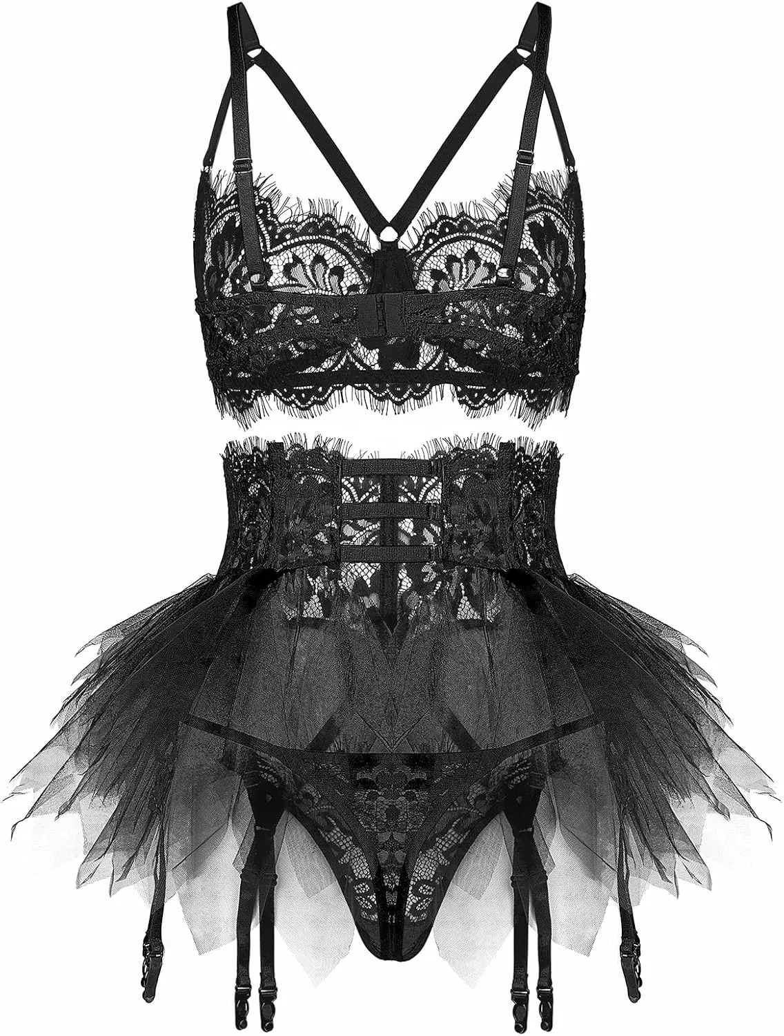LINGERLOVE Women Sexy 3 Piece Lingerie Set with Garter Belts Lace Strappy Skirt Lingerie Eyelash Bra and Panty Sleepwear