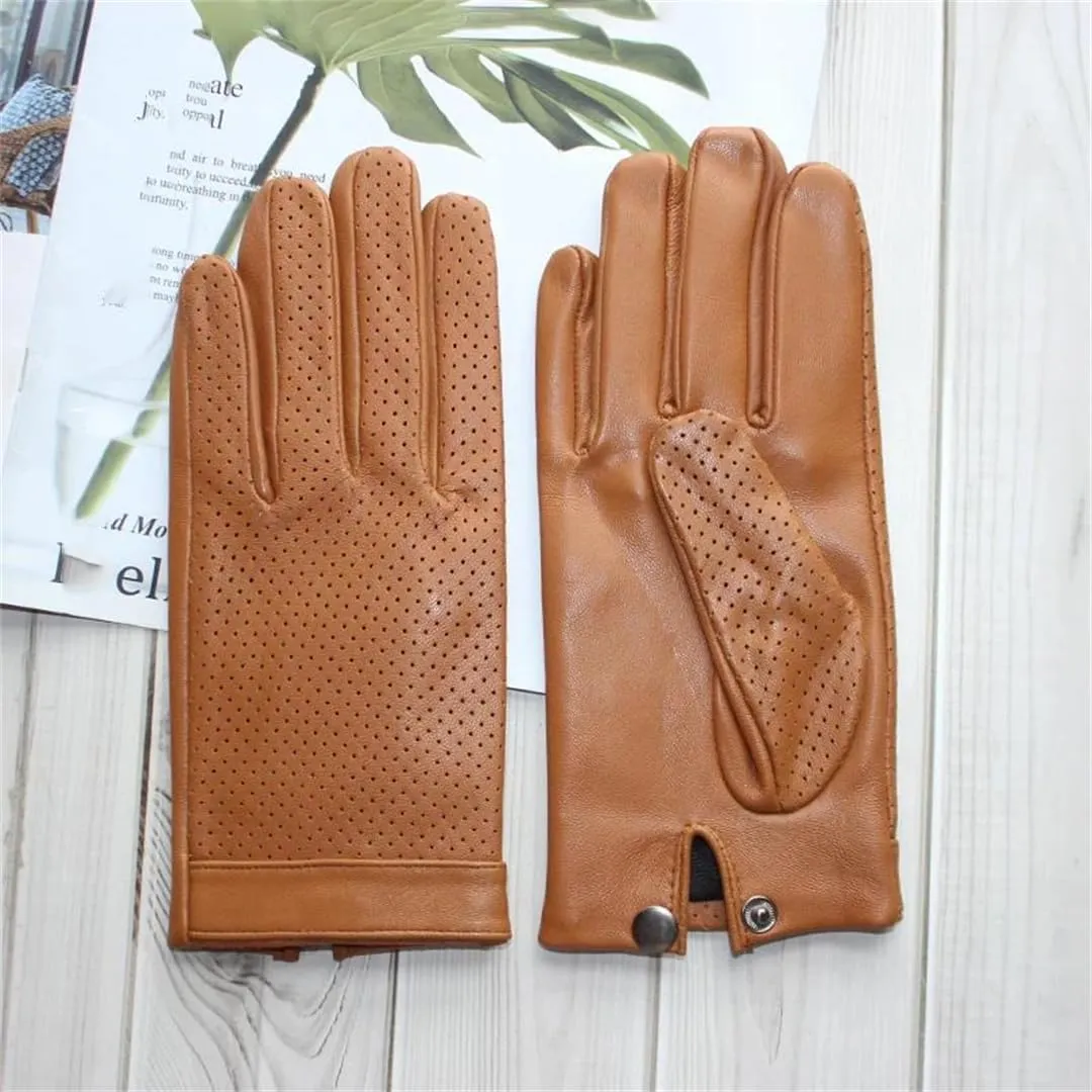 Men's Sheepskin Gloves Leather Touch Screen Mesh Hollow Breathable Thin Silk Motorcycle Riding And Driving Gloves