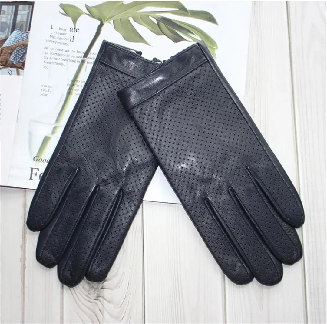 Men's Sheepskin Gloves Leather Touch Screen Mesh Hollow Breathable Thin Silk Motorcycle Riding And Driving Gloves