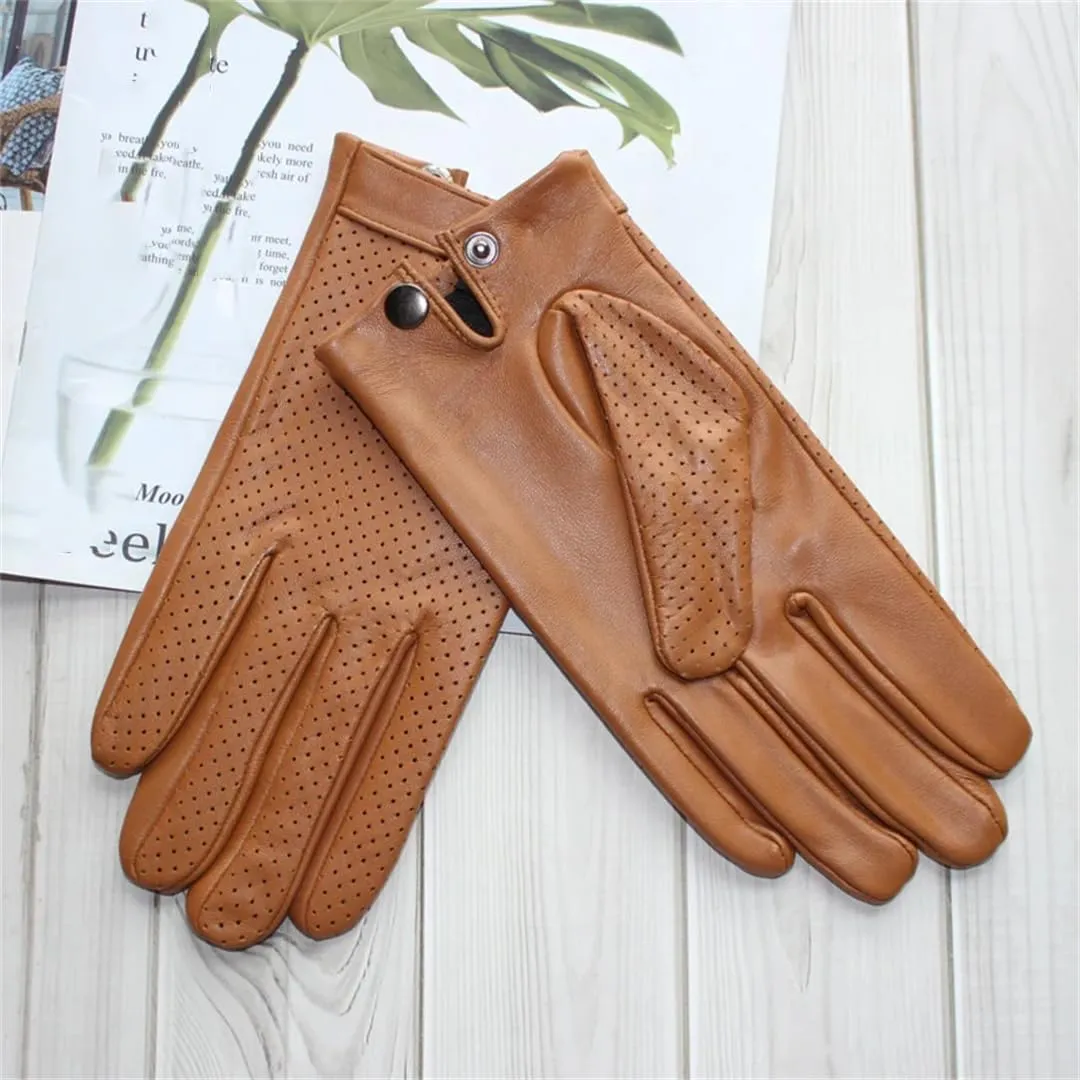 Men's Sheepskin Gloves Leather Touch Screen Mesh Hollow Breathable Thin Silk Motorcycle Riding And Driving Gloves