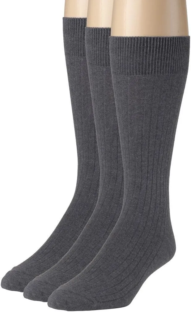 Men's Socks Soft Ribbed Knit Classic Cotton Mid-Calf Crew Dress Socks 3 Pack - Heather Grey (9-11)