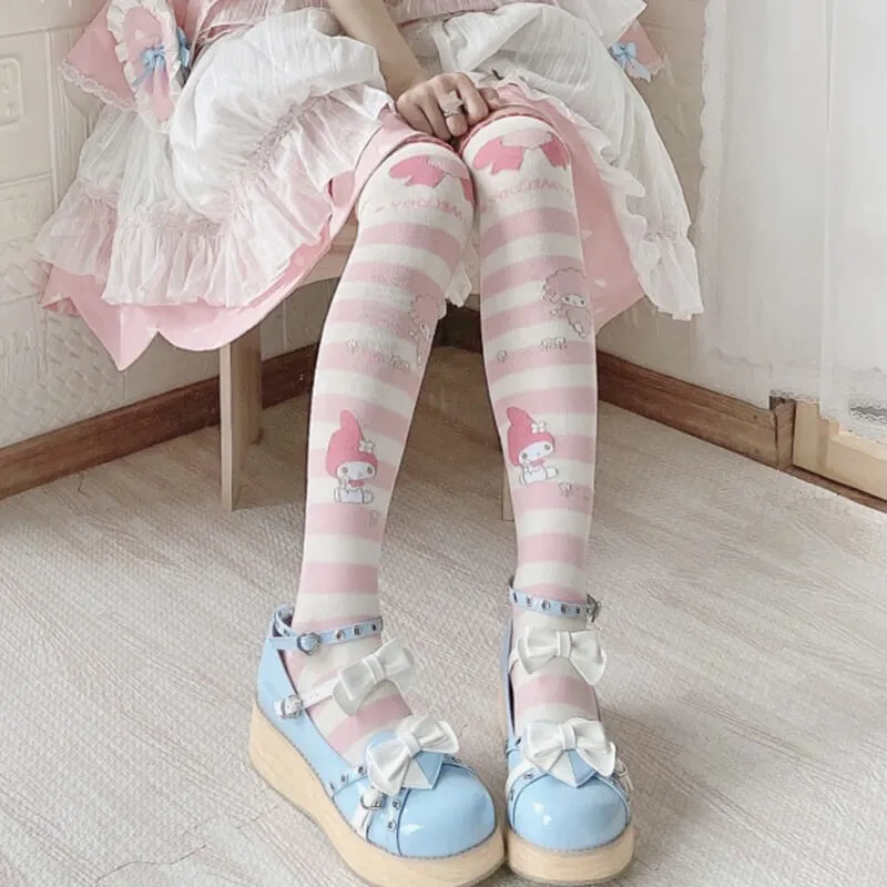 My Melody and Piano Striped Over Knee Socks