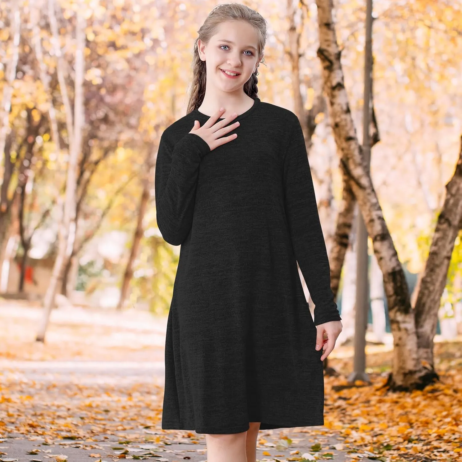 Neutocd Girls Dress Long Sleeve Casual T Shirt Cotton Stretch Soft Midi Fall Winter Kids Skater Dress