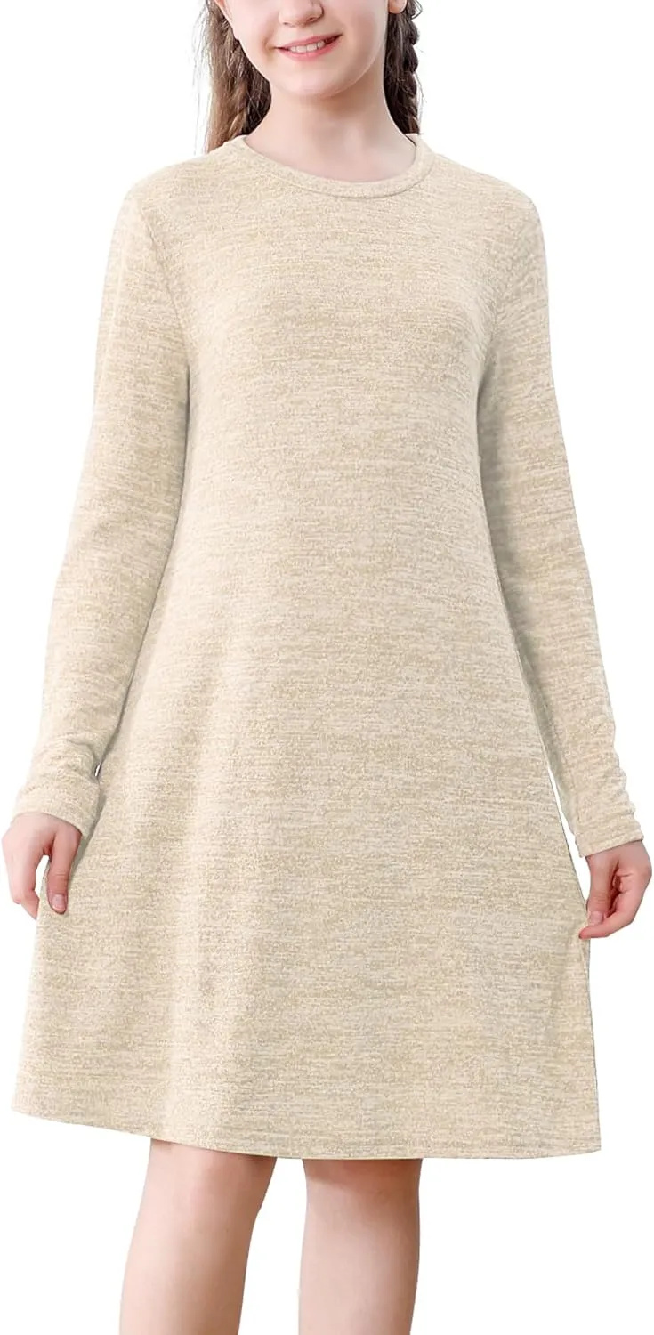 Neutocd Girls Dress Long Sleeve Casual T Shirt Cotton Stretch Soft Midi Fall Winter Kids Skater Dress