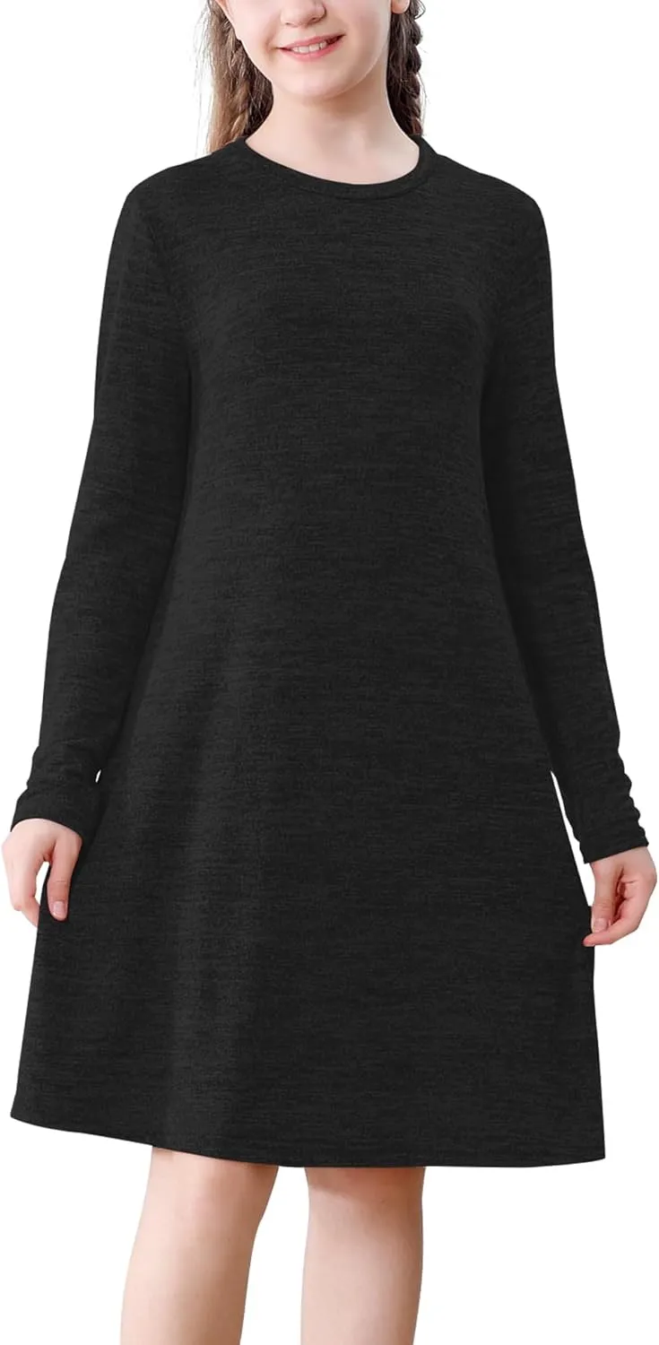 Neutocd Girls Dress Long Sleeve Casual T Shirt Cotton Stretch Soft Midi Fall Winter Kids Skater Dress