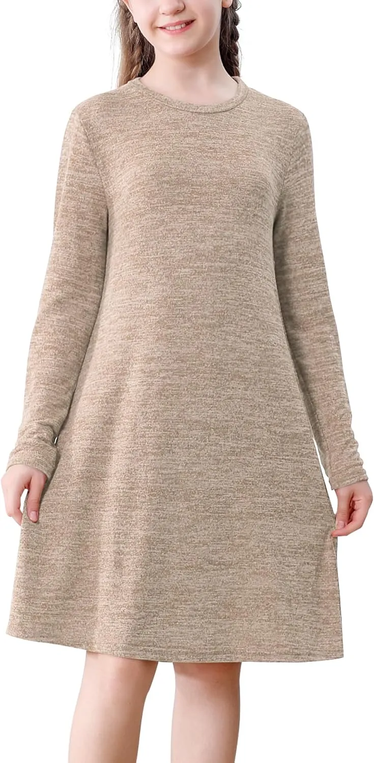 Neutocd Girls Dress Long Sleeve Casual T Shirt Cotton Stretch Soft Midi Fall Winter Kids Skater Dress