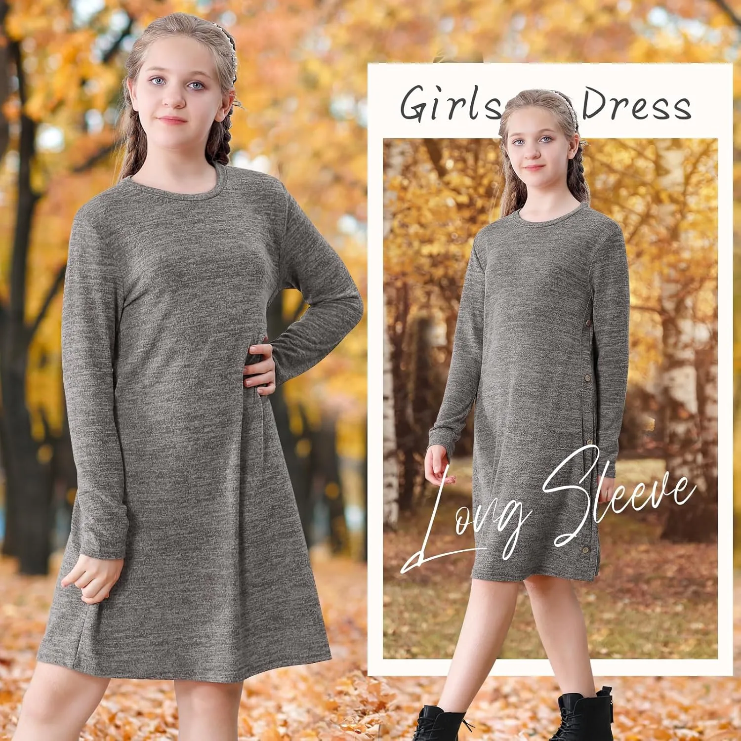 Neutocd Girls Dress Long Sleeve Casual T Shirt Cotton Stretch Soft Midi Fall Winter Kids Skater Dress
