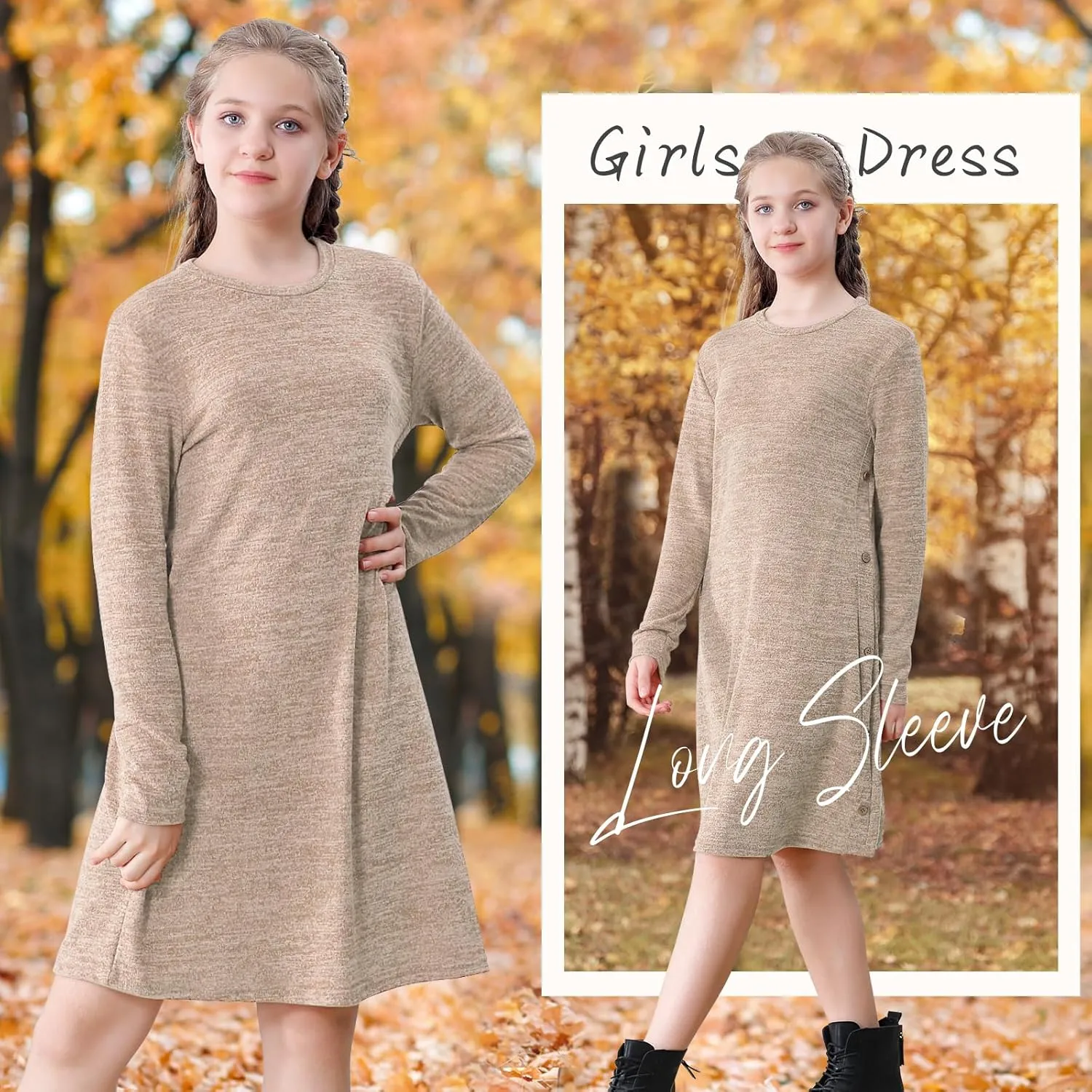 Neutocd Girls Dress Long Sleeve Casual T Shirt Cotton Stretch Soft Midi Fall Winter Kids Skater Dress
