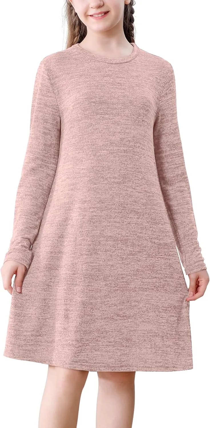 Neutocd Girls Dress Long Sleeve Casual T Shirt Cotton Stretch Soft Midi Fall Winter Kids Skater Dress