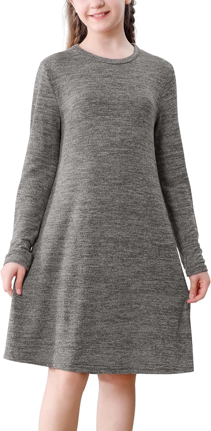 Neutocd Girls Dress Long Sleeve Casual T Shirt Cotton Stretch Soft Midi Fall Winter Kids Skater Dress