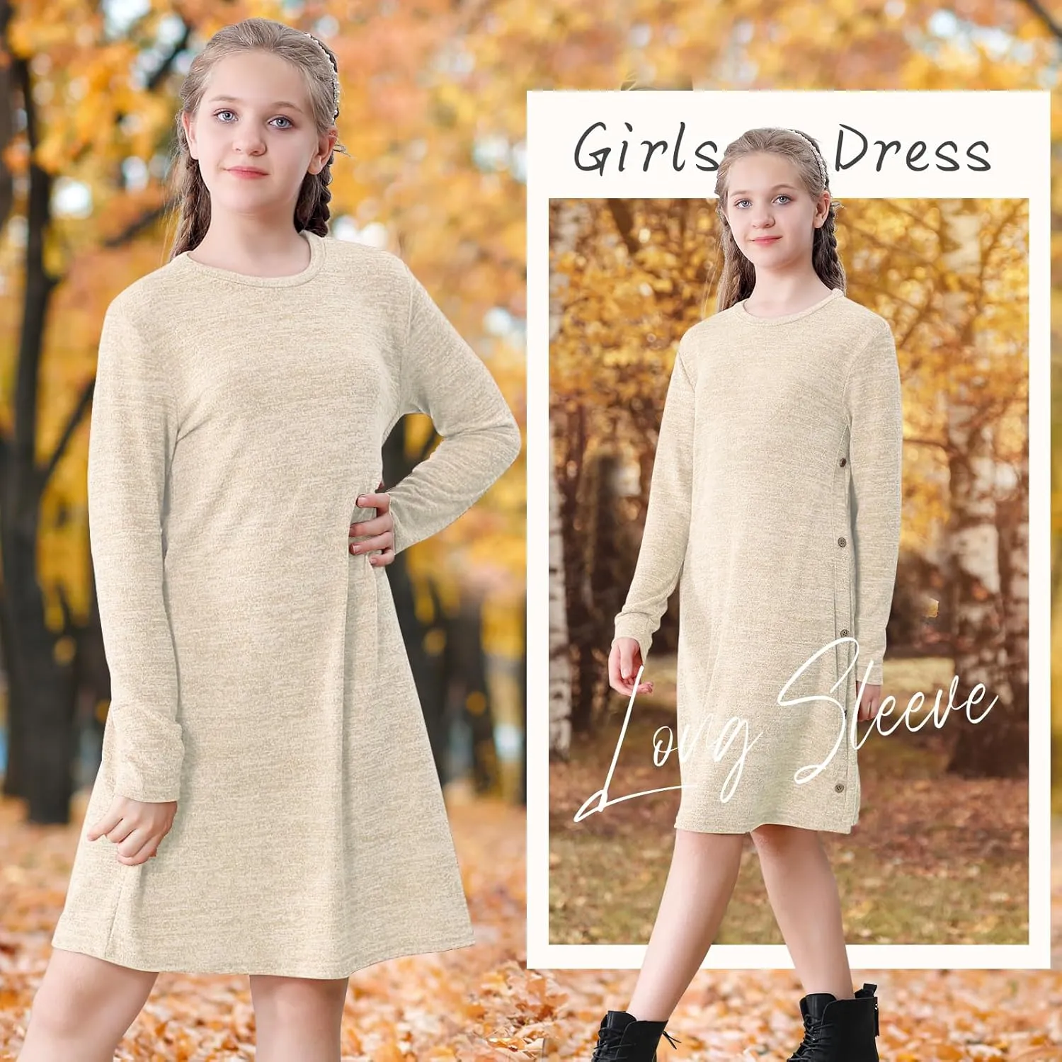 Neutocd Girls Dress Long Sleeve Casual T Shirt Cotton Stretch Soft Midi Fall Winter Kids Skater Dress