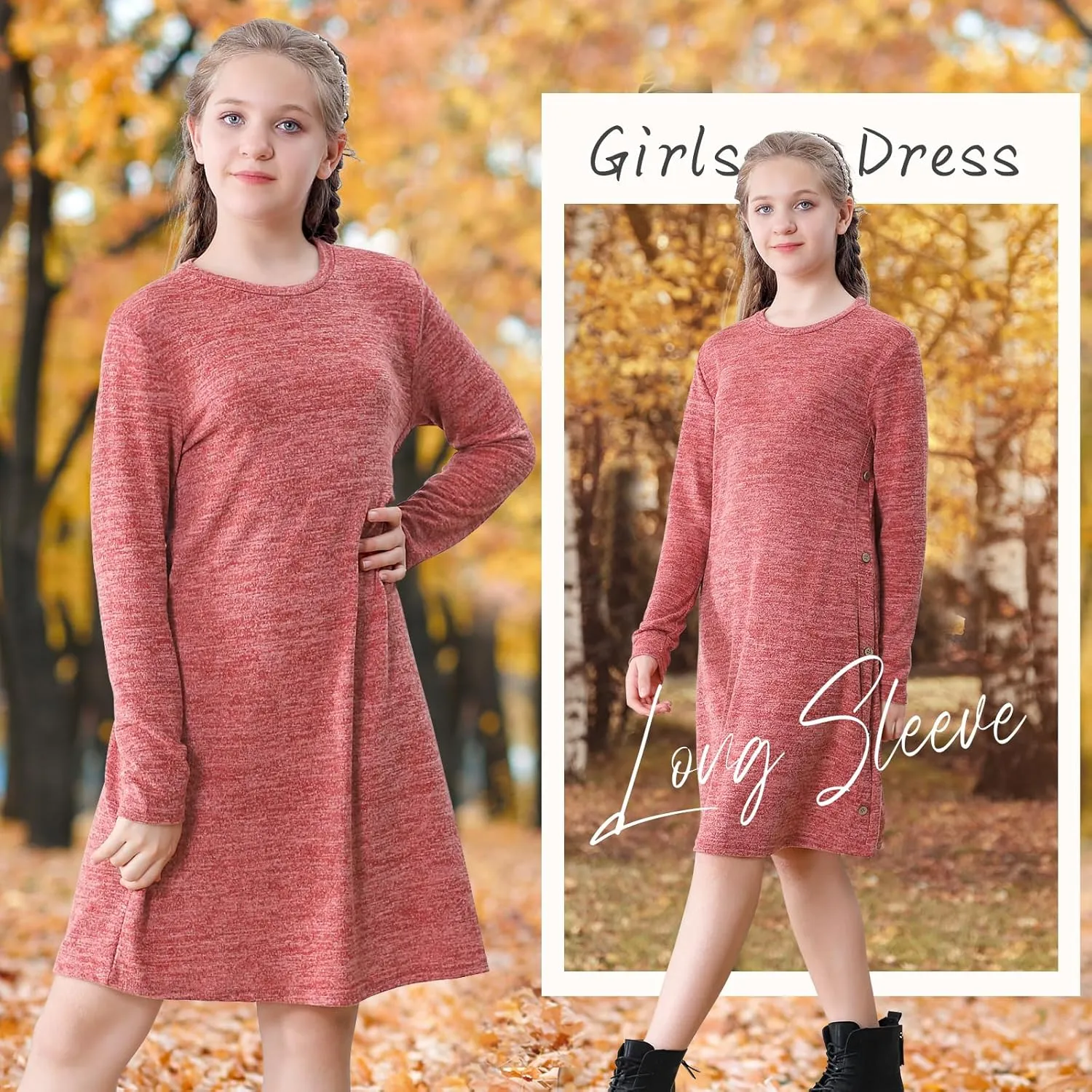 Neutocd Girls Dress Long Sleeve Casual T Shirt Cotton Stretch Soft Midi Fall Winter Kids Skater Dress