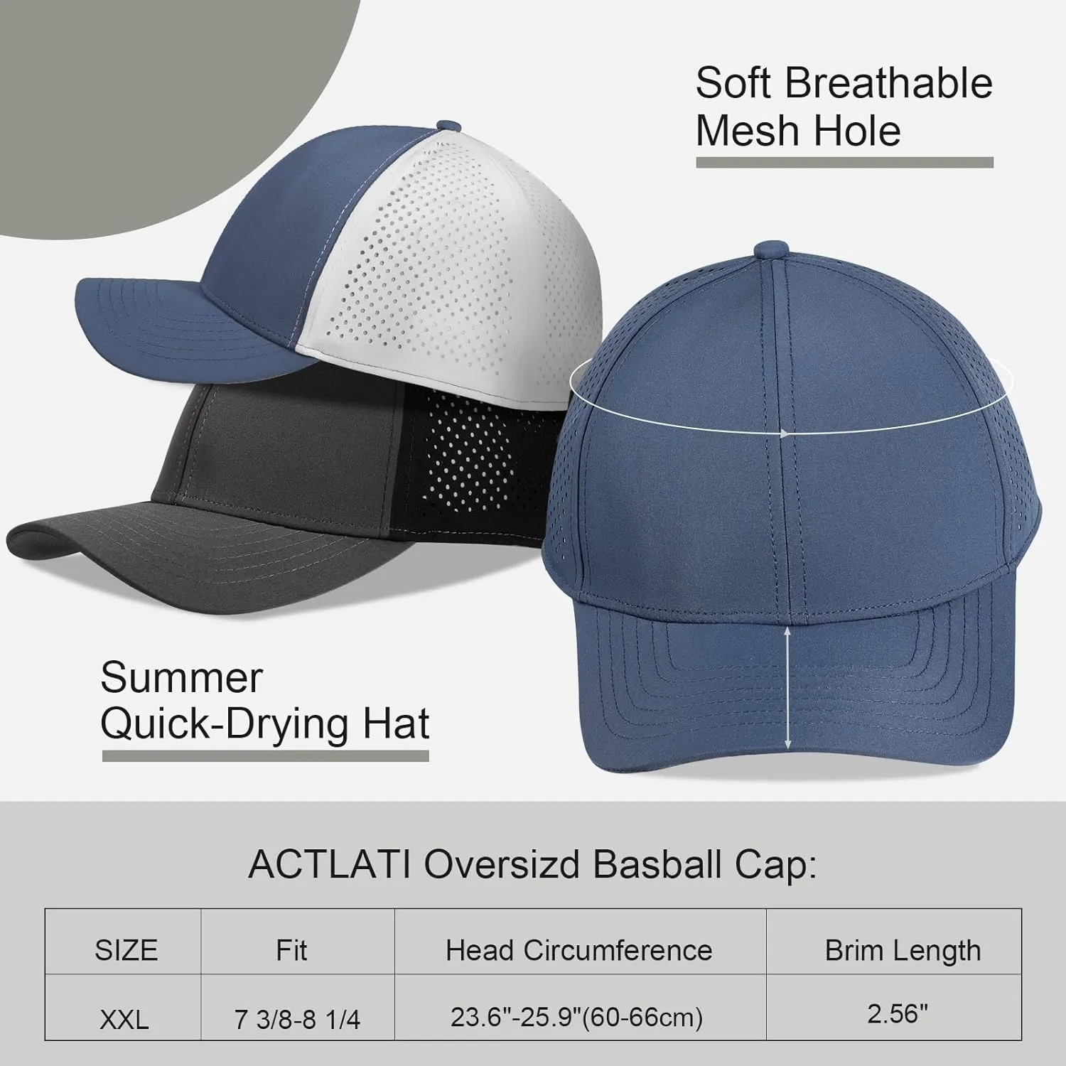 Oversize XXL Quick Dry Baseball Caps for Men, Mesh Snapback Hat for Big Head 23.6"-25.9", Unisex Outdoor Sport Hat
