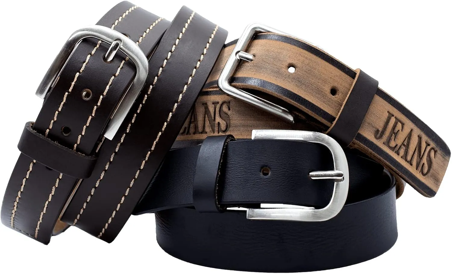 Paul Walter Men's 100% Genuine Leather Everyday Jeans Belt with Heavy Silver Buckle Casual & Business Handmade Belts for Men