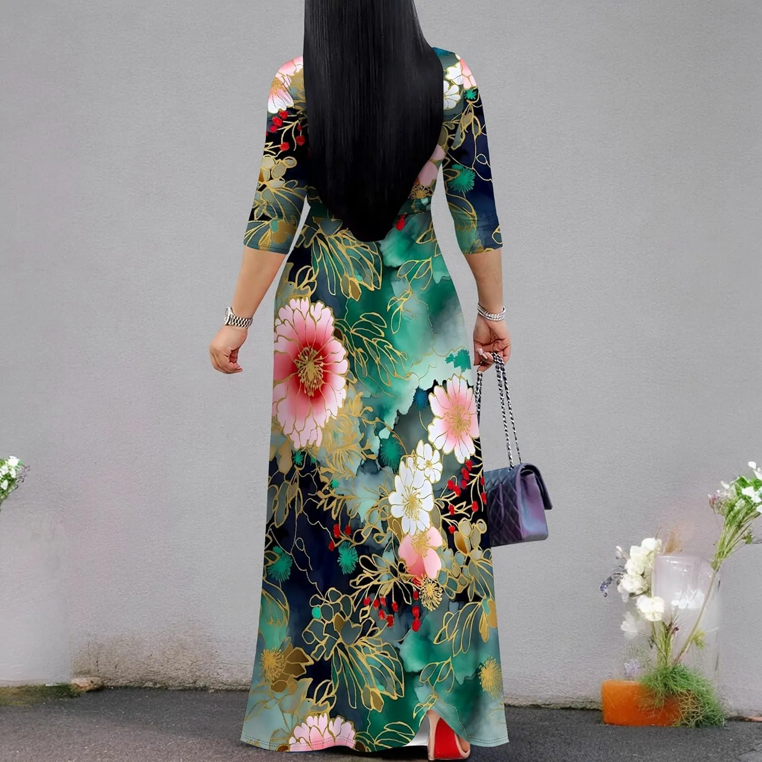 Plus Size Dresses for Women Floral Print Maxi Dress Wrap Boho 3/4 Sleeve with Belt Wedding