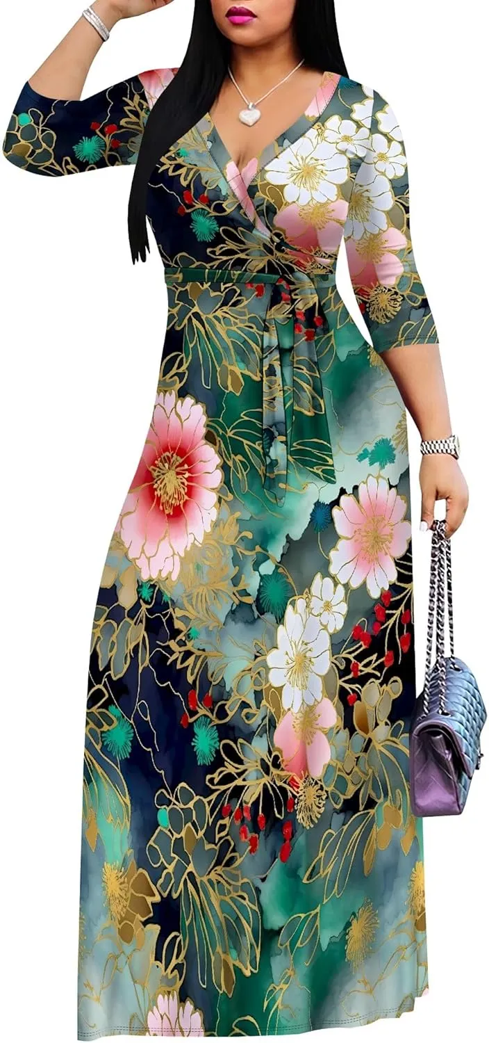 Plus Size Dresses for Women Floral Print Maxi Dress Wrap Boho 3/4 Sleeve with Belt Wedding