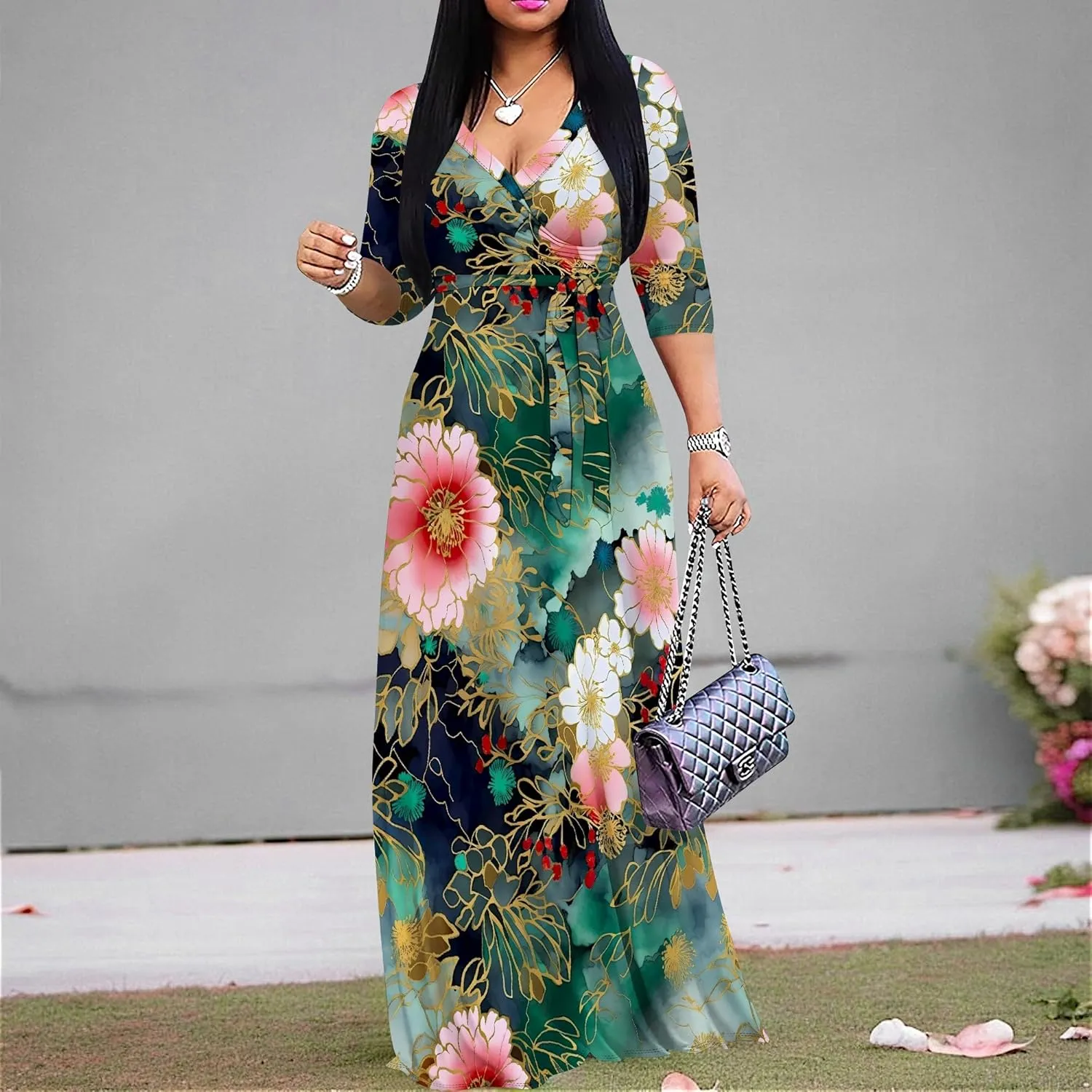 Plus Size Dresses for Women Floral Print Maxi Dress Wrap Boho 3/4 Sleeve with Belt Wedding