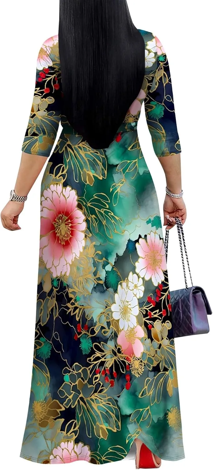 Plus Size Dresses for Women Floral Print Maxi Dress Wrap Boho 3/4 Sleeve with Belt Wedding