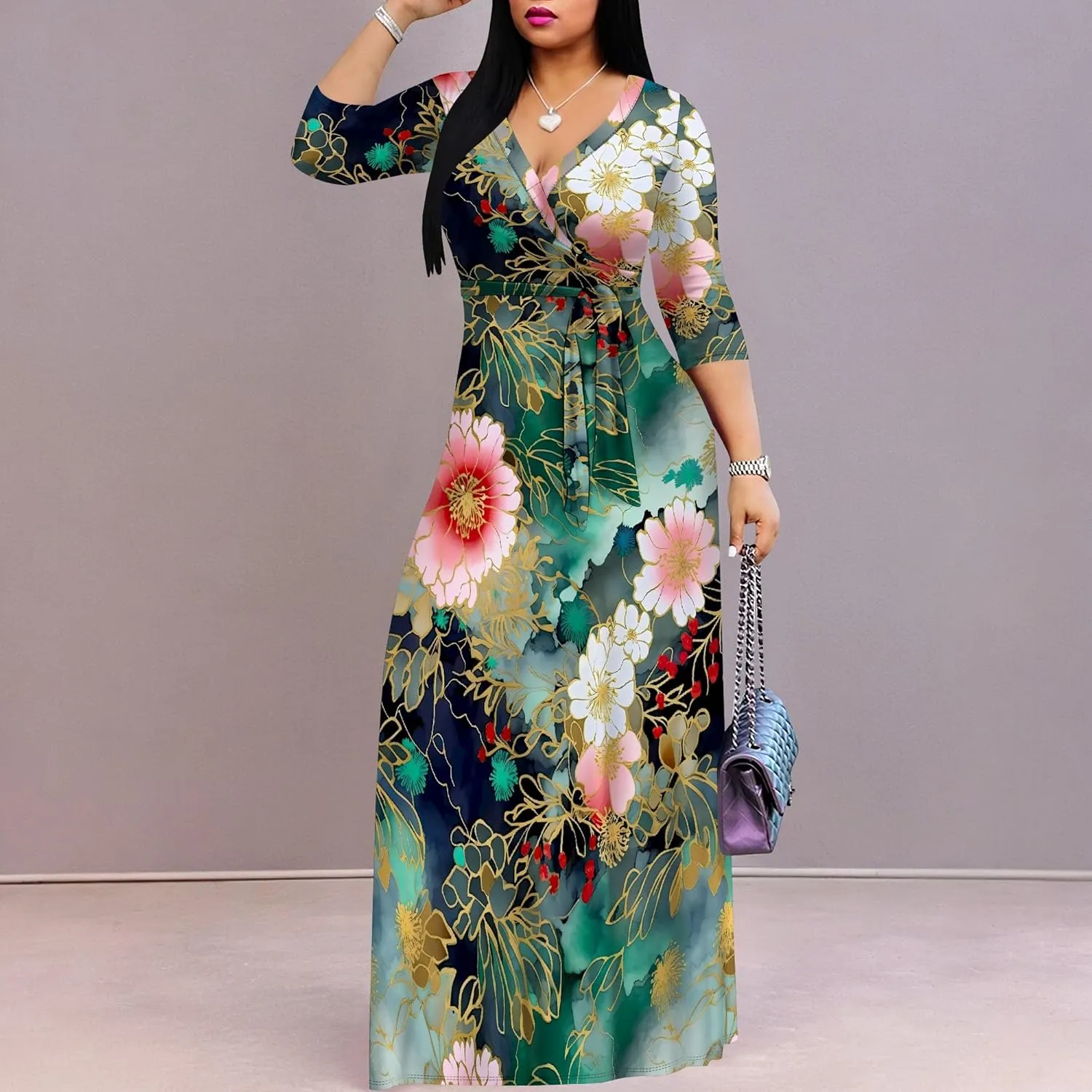 Plus Size Dresses for Women Floral Print Maxi Dress Wrap Boho 3/4 Sleeve with Belt Wedding